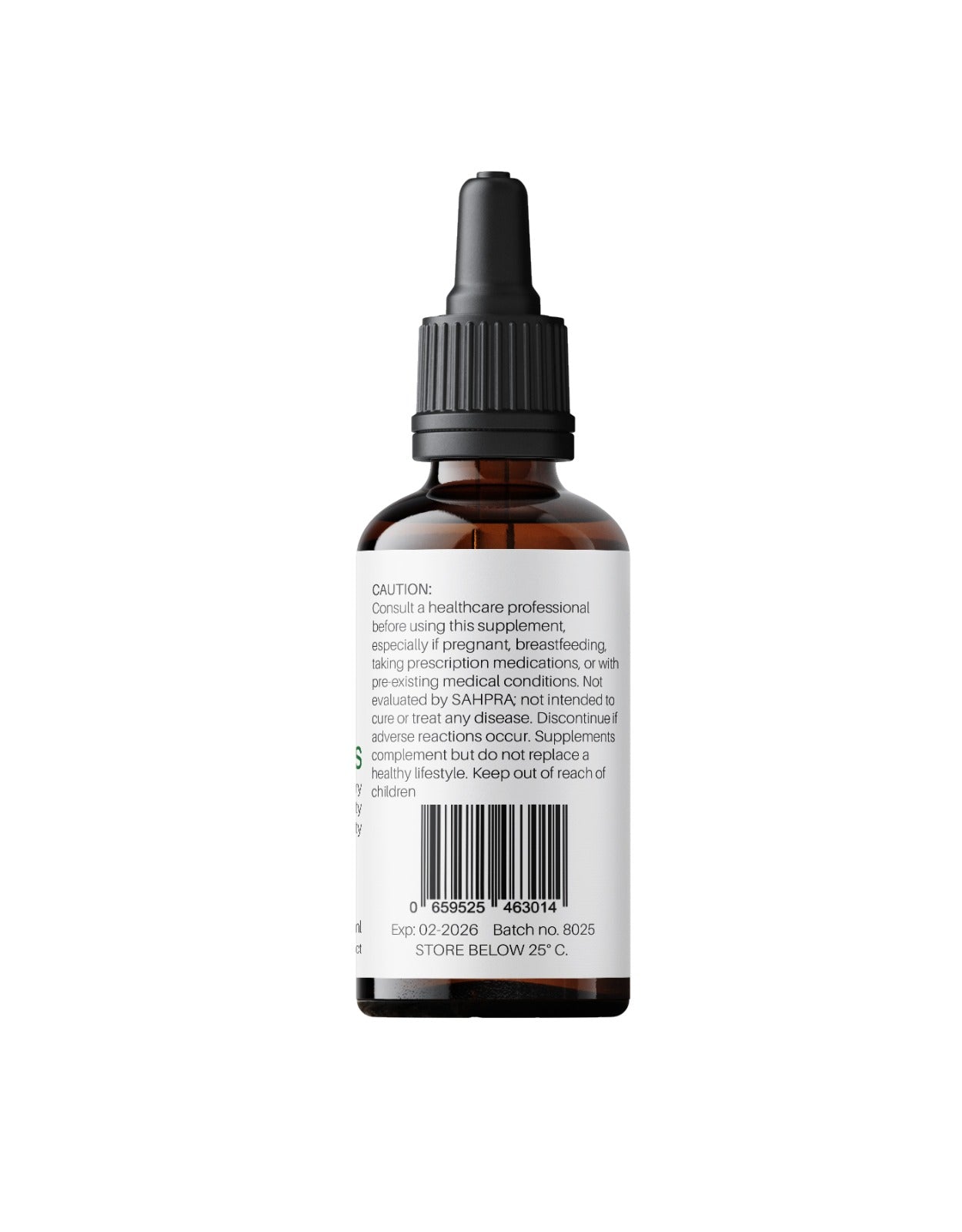 Side label of 5 Mushrooms Non-Alcoholic Herbal Tincture 30ml in an amber dropper bottle displaying warning, disclaimer, and barcode on a white background