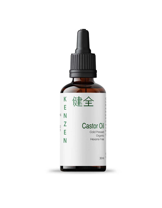 Organic Castor Oil Hexane-Free Cold Pressed 30ml in an amber dropper bottle with front label displaying product name and benefits on a white background