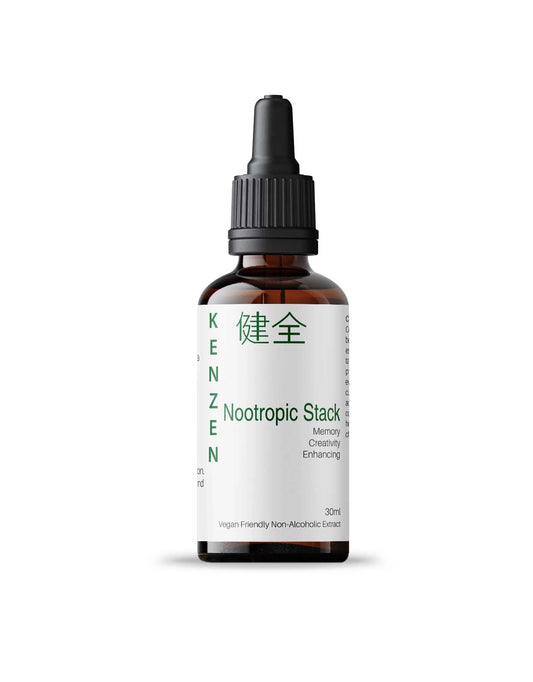 Kenzen Nootropic Stack Non-Alcoholic Herbal Tincture 30ml in an amber dropper bottle with front label displaying product name and benefits on a white background