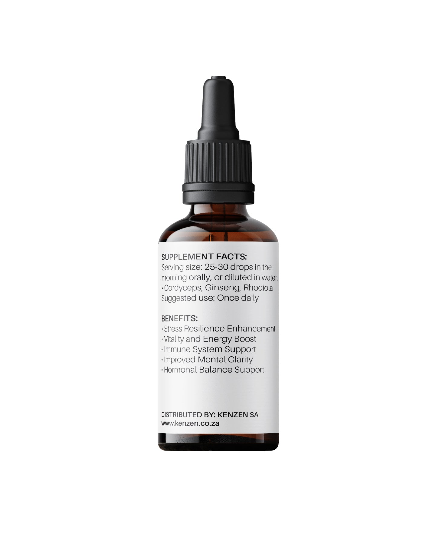 Back label of Kenzen EnerGi+ Non-Alcoholic Herbal Tincture 30ml in an amber dropper bottle showing ingredients and benefits on a white background