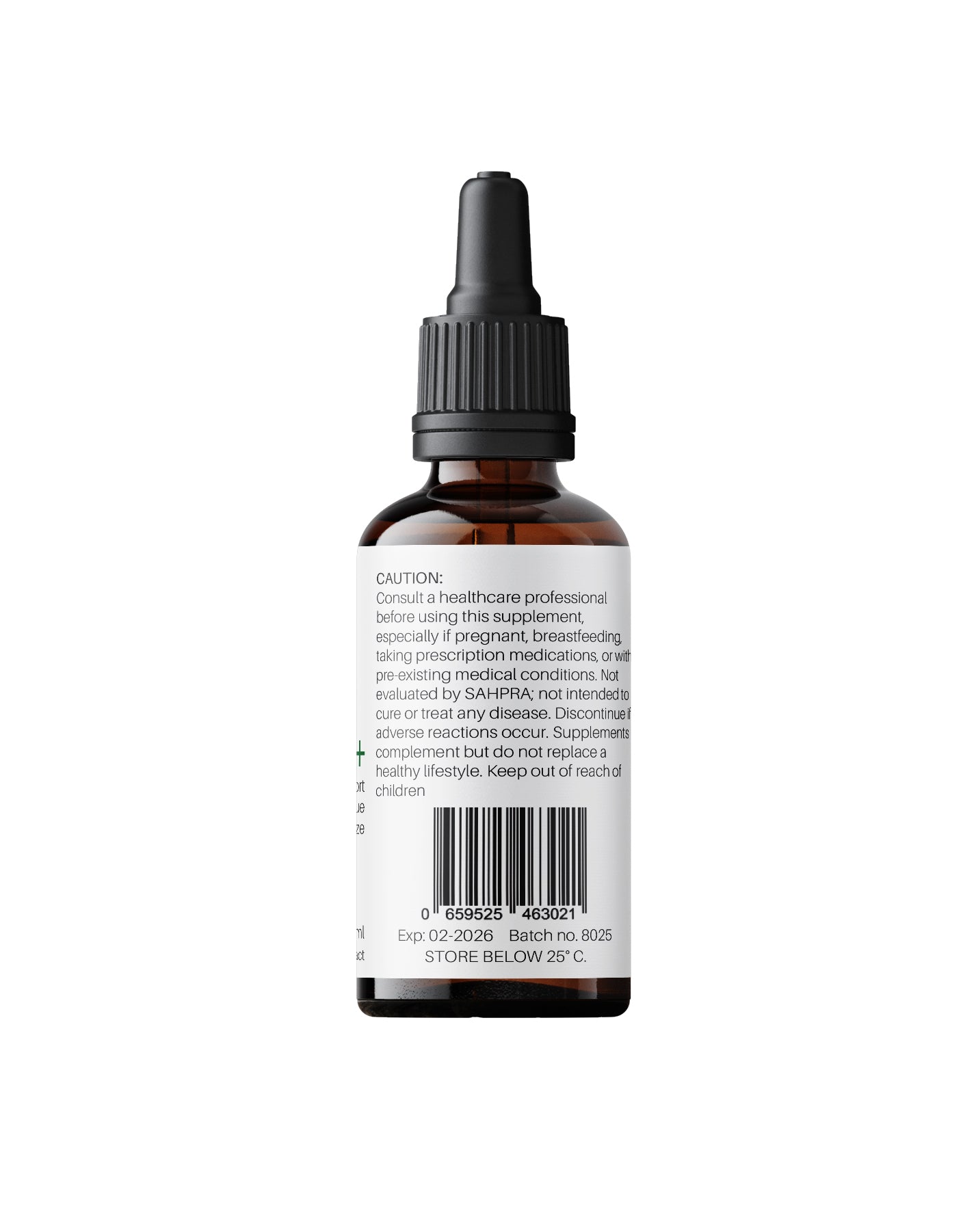 Side label of Kenzen EnerGi+ Non-Alcoholic Herbal Tincture 30ml in an amber dropper bottle displaying warning, disclaimer, and barcode on a white background